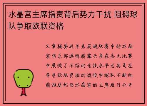 水晶宫主席指责背后势力干扰 阻碍球队争取欧联资格
