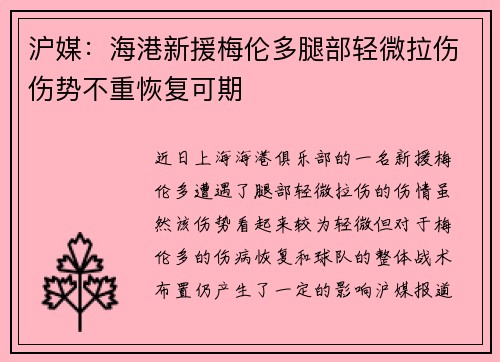 沪媒：海港新援梅伦多腿部轻微拉伤伤势不重恢复可期