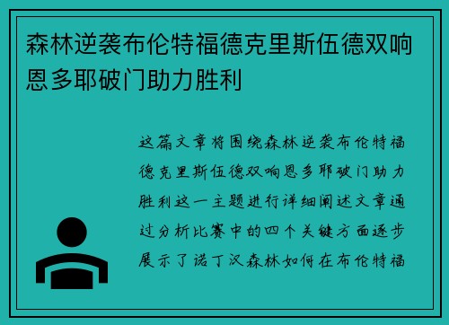 森林逆袭布伦特福德克里斯伍德双响恩多耶破门助力胜利