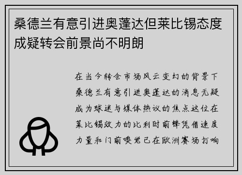 桑德兰有意引进奥蓬达但莱比锡态度成疑转会前景尚不明朗